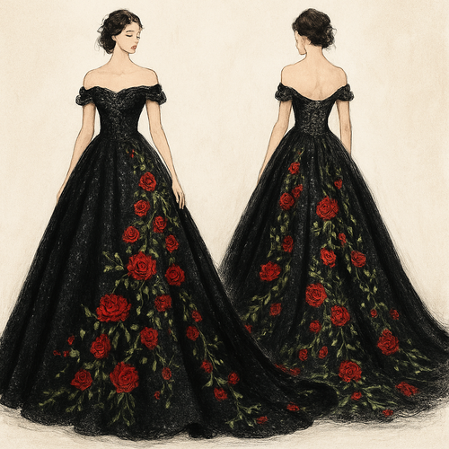 Glittery wedding dress,black color, off the shoulder sleeves. With red roses and green vines embroidered cascading down the back of the dress flowing along the train. Corset top and lace up back.