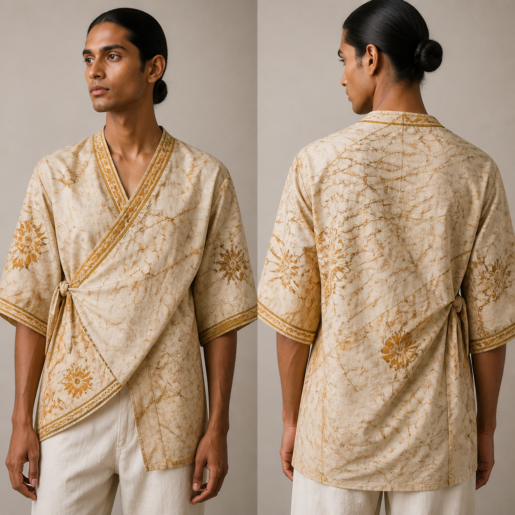 A Unisex Top design. Consider Sri Lankan fashion — kandyan saree draping, batik prints; tropical-friendly fabrics.
photorealistic fashion design, A Unisex Top design. Consider Sri Lankan fashion — kandyan saree draping, batik prints; tropical-friendly fabrics., just the design no text