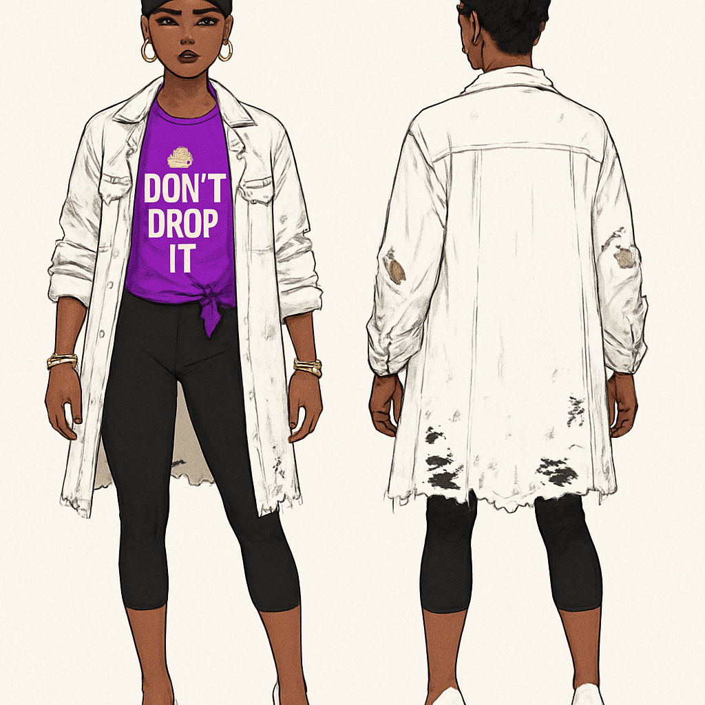 Black woman
Finger waves
purple shirt tied to the side white around the collar with don’t drop it 👑 on the front
Long white jacket ripped
Black tight capri pants
Gold jewelry
White heels
Black woman
Finger waves
purple shirt tied to the side white around the collar with don’t drop it 👑 on the front
Long white jacket ripped
Black tight capri pants
Gold jewelry
White heels
, streetwear style, show front and back