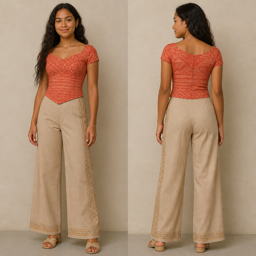 A Polynesian 16 year old teenage girl with black wavy hair and coral red fitted top and beige pants and beige sandals and it needs to be School appropriate
photorealistic fashion design, A Polynesian 16 year old teenage girl with black wavy hair and coral red fitted top and beige pants and beige sandals and it needs to be School appropriate , tribal style, just the design no text, show front and back