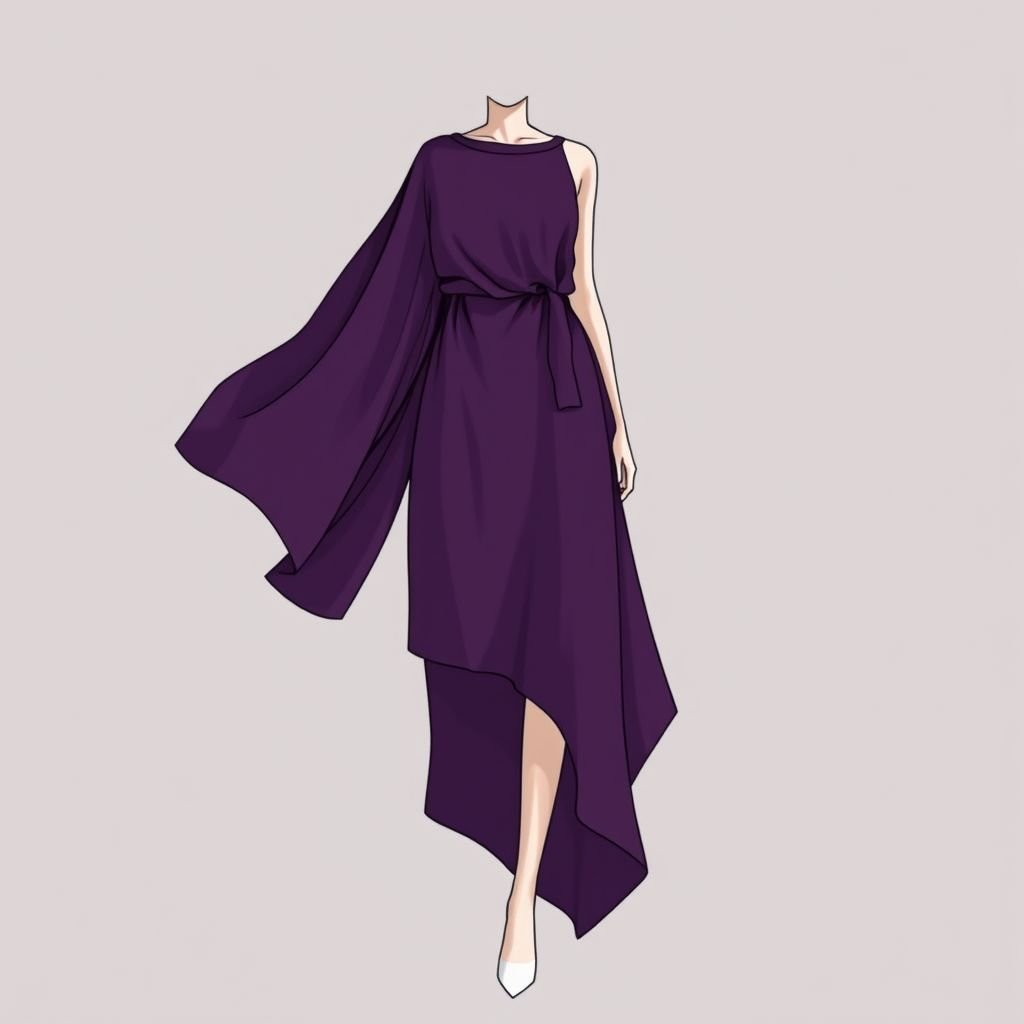 A flowy purple silk dress
Design a minimalist fashion piece: a flowy, deep purple silk dress with clean lines and an asymmetrical hem. Emphasize simplicity through subtle draping, an elegant boat neckline, and unembellished surfaces. The dress should embody effortless sophistication, allowing the rich color and luxurious fabric to be the focal point of the ensemble.