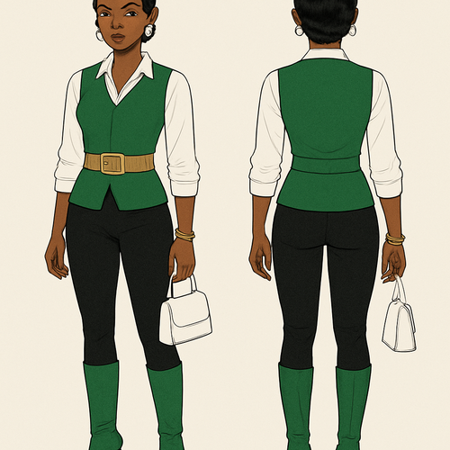 Black woman
Finger waves 
White collared shirt right side tucked in left side out gold belt 
Green vest 
Green boots 
Tight black pants 
Gold rings and bracelet 
White earrrings
White purse 