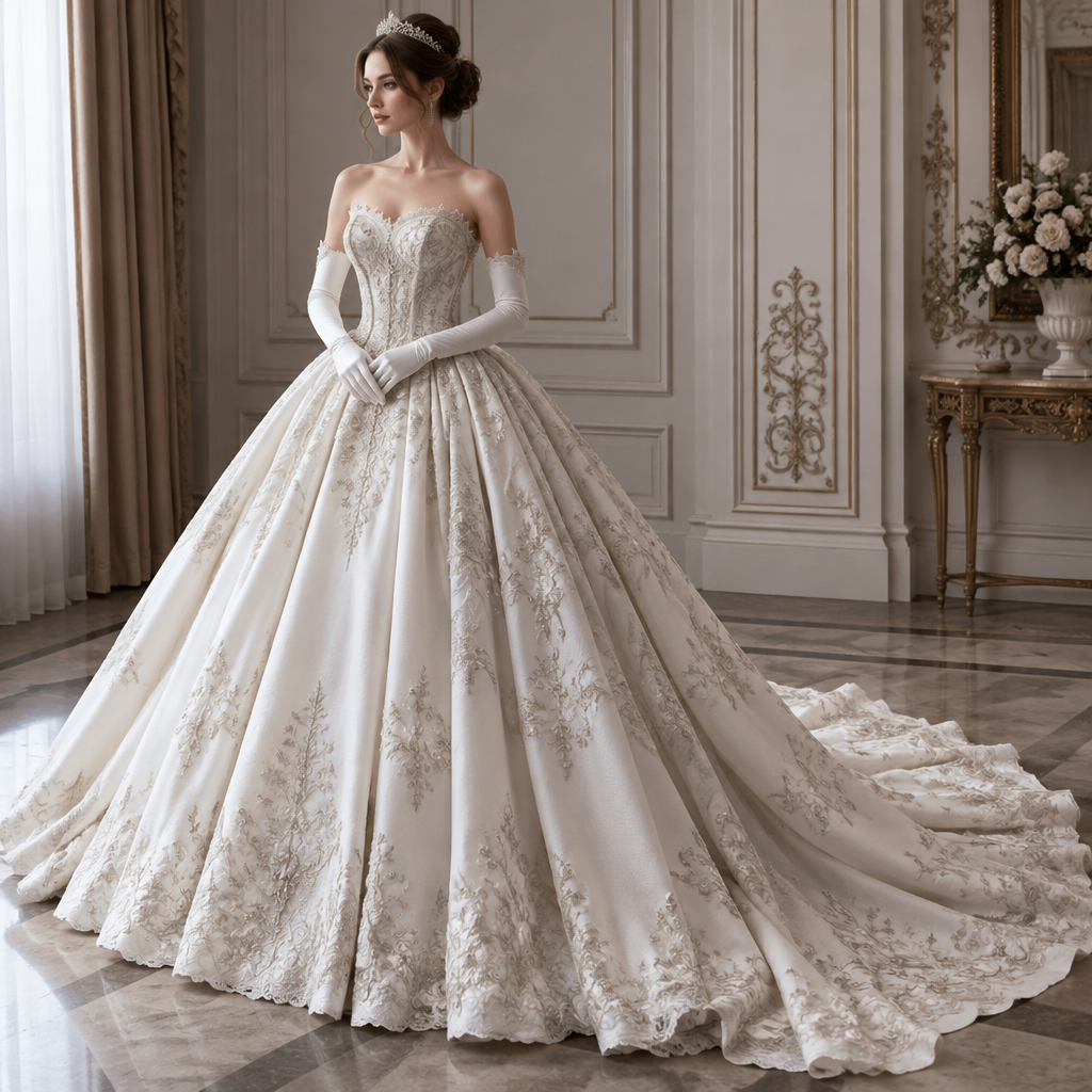 A Female Dress design, in Elegant style. свадебное платье,пышное,с перчатками до локтей,платье очень длинное с зади что лежит на полу по один метр от девушки. Russia fashion aesthetics. Present it as professional fashion catalogue photography: the garment is the subject, shown full-length with editorial styling, neutral posing and tasteful, non-suggestive framing.
photorealistic fashion design, A Female Dress design, in Elegant style. свадебное платье,пышное,с перчатками до локтей,платье очень длинное с зади что лежит на полу по один метр от девушки. Russia fashion aesthetics. Present it as professional fashion catalogue photography: the garment is the subject, shown full-length with editorial styling, neutral posing and tasteful, non-suggestive framing., elegant style, just the design no text
