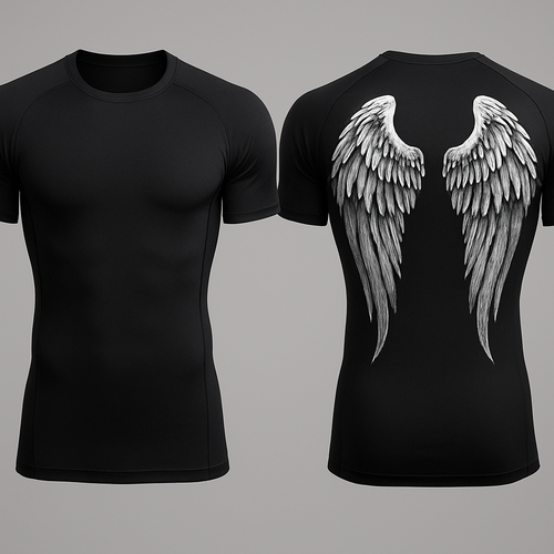 Black base compression fit short sleeve rash guard with angel wings in the back 
