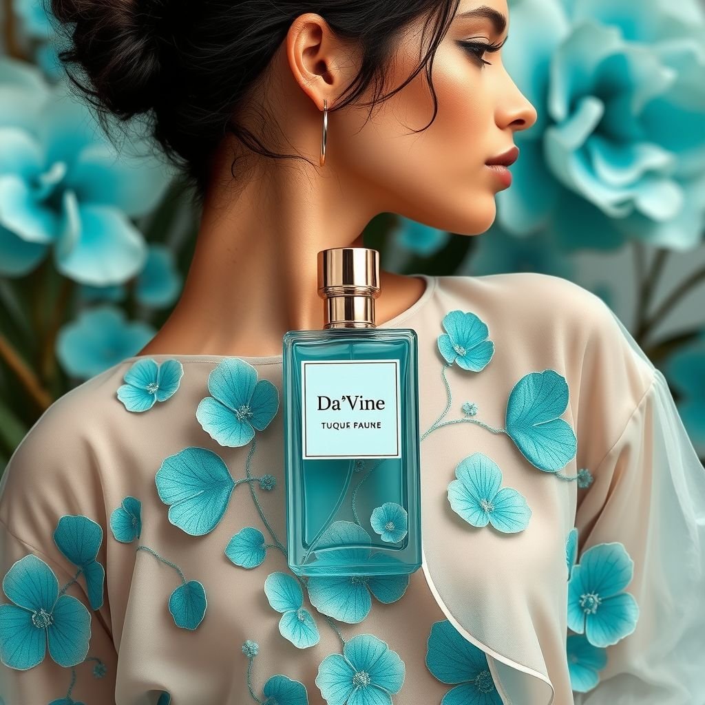 Turquoise perfume with the name “Da’Vine” on it. With DV on it. Shape the bottle as a flower
Design a unisex collection inspired by the alluring “Da’Vine” turquoise perfume. Envision flowing silhouettes that mirror the elegance of a blooming flower, featuring soft petals and organic shapes. Use DV motifs artistically embroidered, integrating vibrant turquoise tones and neutrals. Showcase versatility with layered pieces, appealing to all genders in this botanical dream.