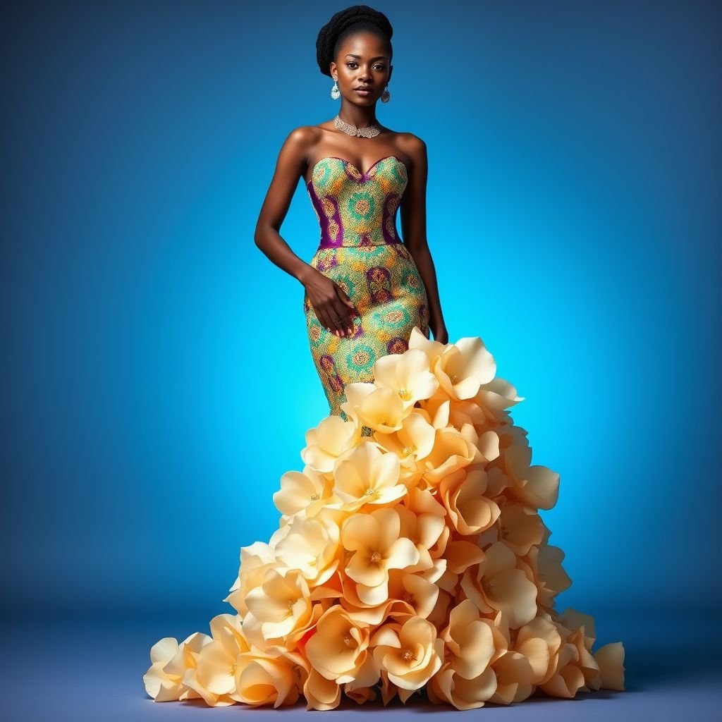Kente floor length corset dress fully beaded at the top with flowers at the bottom
Design a breathtaking floor-length corset dress in vibrant Kente cloth, featuring an intricate beaded bodice that sparkles under any light. The gown cascades with an elegant blend of delicate, oversized silk flowers at the hem, creating a romantic and glamorous silhouette. Embellish with shimmering crystals for unparalleled opulence.