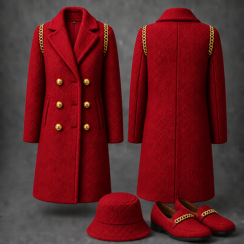 Make this in red
edit the attached fashion design with these instructions: Make this in red. keep it photorealistic, just the design no text