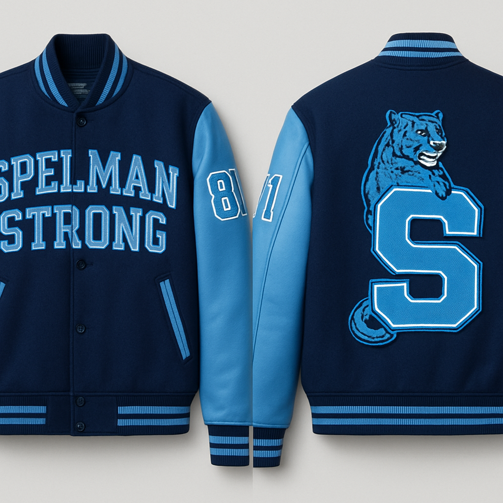 Bomber jacket Embroidery & Patch Placement
Back Design
• Replace the octagonal emblem with a large, bold letter “S” in Pantone 283U, centered on the jacket back.
• The Spelman Jaguar mascot should be positioned seated or centered over the “S”, combining tradition and contemporary collegiate style.
• Use one of the following edge finishes for the embroidered patch:
• Merrowed Edge: A standard overlocked border that prevents fraying, creating a soft, rounded, dimensional edge.
• Satin Stitch Border: A smooth satin-stitched border providing a polished, clean look ideal for simple shapes or lettering edges.
Front Design
• Keep the “SPELMAN STRONG” embroidery across the chest, using two-tone thread:
• Pantone 283U fill with a Pantone 2748U outline for depth and boldness.
• Embroidery should have a raised stitch for a premium, collegiate feel.
Sleeves
• Maintain the varsity-style “81” numbering on both sleeves in Pantone 2748U, outlined in white thread.
• Above or beside the left sleeve’s embroidery, add the following line in elegant script:
“Beacons of heavenly light, Undaunted by the fight.”
• Thread: White polyester embroidery thread
• Font: Cursive script, elegant serif-inspired
• Size: Proportionate to sleeve width, not exceeding 1 inch in letter height
Upper Arm Detail
• Embroider the founding year “1881” on the upper arm in Pantone 2748U thread with a white outline for contrast and visibility.
• Font style: Collegiate block lettering.
⸻
Materials & Finishing Details
• Body Fabric: Premium wool-blend in Pantone 2748U navy
• Sleeves: Genuine or synthetic leather in Pantone 283U light blue
• Lining: Quilted satin interior, color-matched to Pantone 283U
• Ribbing: Dual-tone ribbed cuffs, collar, and waistband (Pantone 2748U base with Pantone 283U accent stripes)
• Buttons: Matte-finish, navy-coated metal snaps
• Embroidery Threads: 100% polyester, colorfast, Pantone-matched for fade resistance
• Patch Finish: All embroidered patches should feature either Merrowed or Satin Stitch borders
• Lettering Texture: Raised satin fill for “SPELMAN STRONG,” “1881,” and the Jaguar emblem to maintain tactile depth
Bomber jacket Embroidery & Patch Placement
Back Design
• Replace the octagonal emblem with a large, bold letter “S” in Pantone 283U, centered on the jacket back.
• The Spelman Jaguar mascot should be positioned seated or centered over the “S”, combining tradition and contemporary collegiate style.
• Use one of the following edge finishes for the embroidered patch:
• Merrowed Edge: A standard overlocked border that prevents fraying, creating a soft, rounded, dimensional edge.
• Satin Stitch Border: A smooth satin-stitched border providing a polished, clean look ideal for simple shapes or lettering edges.
Front Design
• Keep the “SPELMAN STRONG” embroidery across the chest, using two-tone thread:
• Pantone 283U fill with a Pantone 2748U outline for depth and boldness.
• Embroidery should have a raised stitch for a premium, collegiate feel.
Sleeves
• Maintain the varsity-style “81” numbering on both sleeves in Pantone 2748U, outlined in white thread.
• Above or beside the left sleeve’s embroidery, add the following line in elegant script:
“Beacons of heavenly light, Undaunted by the fight.”
• Thread: White polyester embroidery thread
• Font: Cursive script, elegant serif-inspired
• Size: Proportionate to sleeve width, not exceeding 1 inch in letter height
Upper Arm Detail
• Embroider the founding year “1881” on the upper arm in Pantone 2748U thread with a white outline for contrast and visibility.
• Font style: Collegiate block lettering.
⸻
Materials & Finishing Details
• Body Fabric: Premium wool-blend in Pantone 2748U navy
• Sleeves: Genuine or synthetic leather in Pantone 283U light blue
• Lining: Quilted satin interior, color-matched to Pantone 283U
• Ribbing: Dual-tone ribbed cuffs, collar, and waistband (Pantone 2748U base with Pantone 283U accent stripes)
• Buttons: Matte-finish, navy-coated metal snaps
• Embroidery Threads: 100% polyester, colorfast, Pantone-matched for fade resistance
• Patch Finish: All embroidered patches should feature either Merrowed or Satin Stitch borders
• Lettering Texture: Raised satin fill for “SPELMAN STRONG,” “1881,” and the Jaguar emblem to maintain tactile depth, sporty style, show front and back