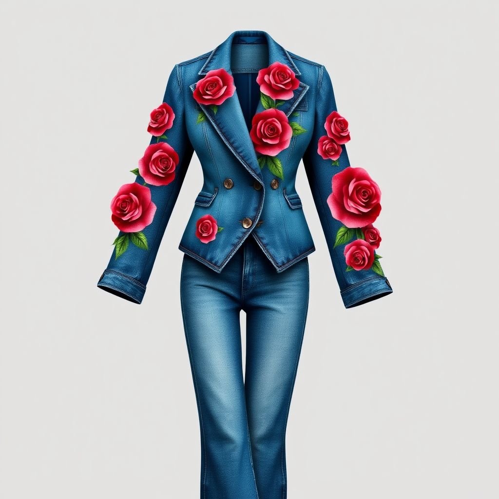 Two piece blue Jean pantsuit with roses
Envision a striking two-piece blue jean pantsuit, where the fabric is distressed and adorned with vibrant, hand-painted roses that cascade elegantly from the shoulders down to the cuffs. The blazer features an asymmetrical cut, while the high-waisted pants boast flared legs. This fusion of vintage charm and modern flair creates a bold fashion statement.