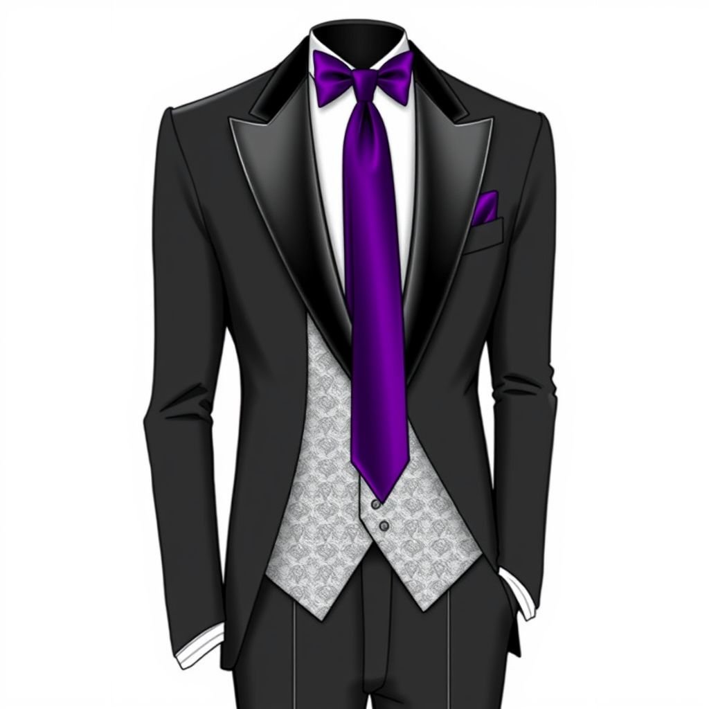 Wedding tuxedo with a deep amethyst long tie, silver vest
Design a sophisticated wedding tuxedo featuring a tailored black jacket with satin lapels. Highlight a deep amethyst long tie that adds a regal touch, complemented by a shimmering silver vest. Include crisp white dress shirt details and tailored black trousers, ensuring a refined silhouette perfect for an elegant, formal occasion.
