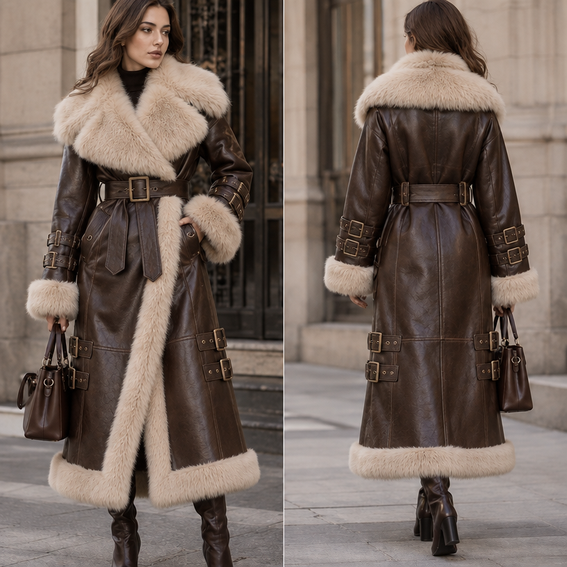 A long, dark chocolate-brown leather shearling coat for women, reaching almost to the ankles. The coat has a fitted waist and a long, elegant silhouette. It is made of glossy natural dark-brown leather with thick, soft cream-colored shearling fur trim. The oversized wide collar is completely covered with fluffy cream shearling and extends down into the front opening. The front is open and secured with a wide dark-brown leather belt with a large vintage metal buckle at the waist. The coat has wide leather sleeves with multiple decorative leather straps and large metal buckles around the forearms and cuffs, finished with cream shearling fur at the cuffs. There are additional wide leather straps with large rectangular buckles around the lower part of the coat near the thighs. The entire front opening and bottom hem are trimmed with thick cream shearling. Add functional side pockets integrated into the lower front. The back has a wide leather belt around the waist and a large cream shearling collar. Luxurious but practical winter fashion, strong feminine silhouette, vintage equestrian-inspired details, high-quality natural leather and shearling, realistic garment construction, photorealistic fashion photography on a real female model. Show the full garment clearly, including all belts, buckles, fur trims, sleeves and back details.
edit the attached fashion design with these instructions: A long, dark chocolate-brown leather shearling coat for women, reaching almost to the ankles. The coat has a fitted waist and a long, elegant silhouette. It is made of glossy natural dark-brown leather with thick, soft cream-colored shearling fur trim. The oversized wide collar is completely covered with fluffy cream shearling and extends down into the front opening. The front is open and secured with a wide dark-brown leather belt with a large vintage metal buckle at the waist. The coat has wide leather sleeves with multiple decorative leather straps and large metal buckles around the forearms and cuffs, finished with cream shearling fur at the cuffs. There are additional wide leather straps with large rectangular buckles around the lower part of the coat near the thighs. The entire front opening and bottom hem are trimmed with thick cream shearling. Add functional side pockets integrated into the lower front. The back has a wide leather belt around the waist and a large cream shearling collar. Luxurious but practical winter fashion, strong feminine silhouette, vintage equestrian-inspired details, high-quality natural leather and shearling, realistic garment construction, photorealistic fashion photography on a real female model. Show the full garment clearly, including all belts, buckles, fur trims, sleeves and back details.. keep it photorealistic, just the design no text