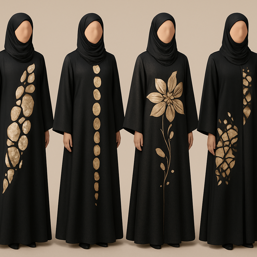 Create a modest abaya that's the first of its kind, featuring a unique stone design that exudes a classy and sophisticated vibe. I'd like four designs, each showcasing different styles and fabrics.Incorporate high-end, unique chic stone designs to make them truly special. And add little cute touch of sophisticated stone designs. Add huge flower and unique designs.
Create a modest abaya that's the first of its kind, featuring a unique stone design that exudes a classy and sophisticated vibe. I'd like four designs, each showcasing different styles and fabrics.Incorporate high-end, unique chic stone designs to make them truly special. And add little cute touch of sophisticated stone designs. Add huge flower and unique designs.