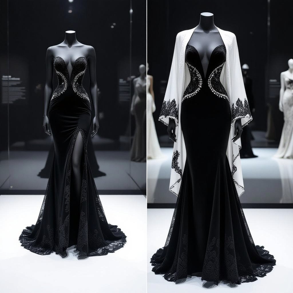 Create an black manequin in an black luxurious museum , the manequin wearing an black flowy long mermaid style dress , the top part slit in two parts with pearls , the material lace and silk, an robe white robe ontop of the dress aswell with garments and accessories
Formal fashion: Create a black mannequin in a black museum. The mannequin wears a black, mermaid-style dress with a lace and silk material. The top of the dress has two slits with pearls. A white robe is layered over the dress, with matching garments and accessories.