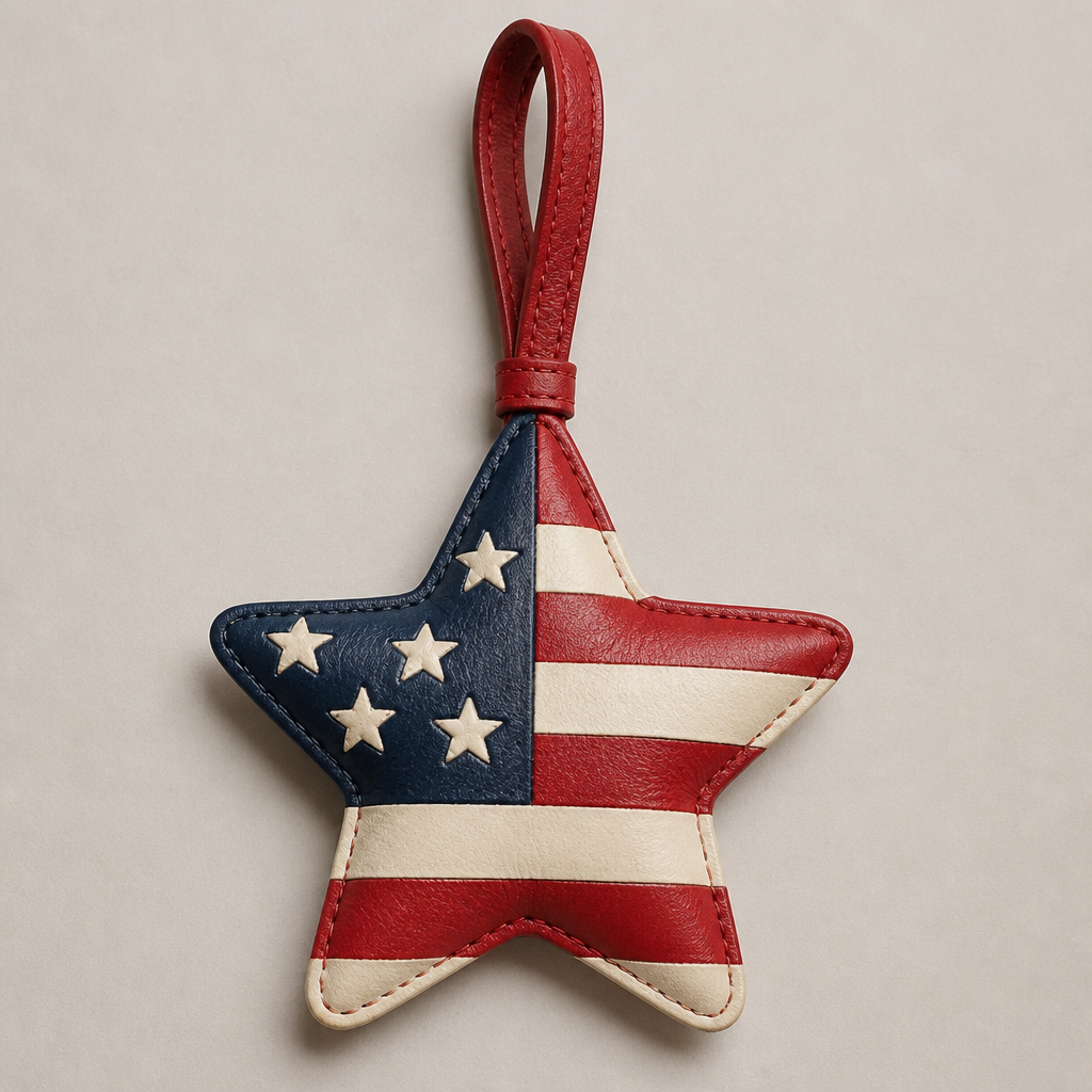 Design a heart shaped pu leather bag charm for Fourth of July. It’s for USA 250th birthday. It’s needs to be all leather including the loop. Make the shape a star
photorealistic fashion design, Design a heart shaped pu leather bag charm for Fourth of July. It’s for USA 250th birthday. It’s needs to be all leather including the loop. Make the shape a star, classic style, just the design no text