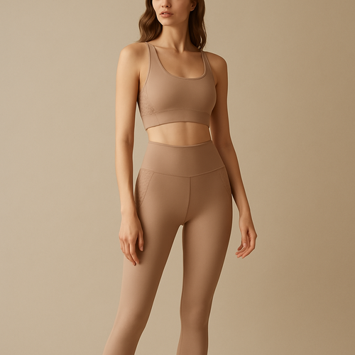 Female fashion model wearing a luxury activewear set from Lauren Secret. Matching nude sports bra and high-waist leggings. Minimalist, elegant design with smooth matte fabric. Subtle tonal lace accents on the back and hips, modern and refined. Natural pose, soft lighting, beige background, premium editorial style. Aesthetic: sport-luxury, femininity, confidence, sensual minimalism. Full body fashion photo, high resolution
