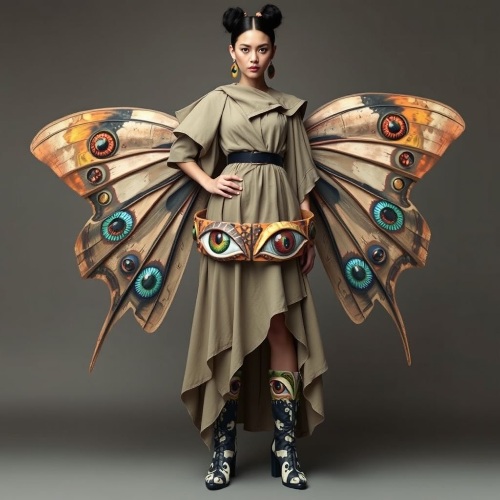 Papier-mâché bangle which is painted eyes on it
Design a whimsical, avant-garde look centered around a papier-mâché bangle adorned with intricately painted eyes. The outfit features a flowing, asymmetrical dress in muted tones, complemented by oversized sleeves reminiscent of butterfly wings. Accessories include bold statement earrings and hand-painted boots, embodying artistic individuality with an ethereal, dreamlike vibe.
