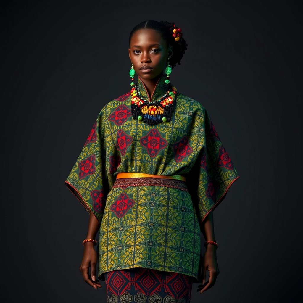Outfit with innovative materials that united cultures
Design an outfit that seamlessly merges traditional African kente fabric with Japanese origami techniques, creating a structured silhouette that flows gracefully. Incorporate sustainable, bio-luminescent threads to illuminate intricate patterns at night. Adorn the ensemble with handcrafted accessories inspired by Indigenous beadwork, symbolizing unity through cultural exchange and environmental consciousness.