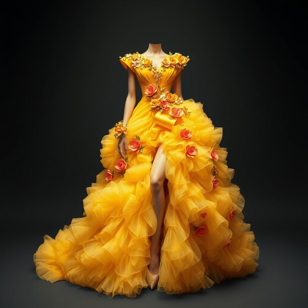 Let’s create a beautiful gown with a very sculptural bodice and a big fluffy skirt with a slit up to the mid thigh. The skirt is ruffled tulle and has a train that’s about 8 inches out. It’s sunset yellow and very luxurious with 3D floral designs. Give it an unusual look. Keep the top structured and clean
Design an extravagant haute couture gown featuring a masterful sculptural bodice that captivates with sharp architectural lines. The voluminous skirt cascades in fluffy, ruffled tulle, punctuated by a daring mid-thigh slit. In luxurious sunset yellow, it showcases intricate 3D floral embellishments, while an avant-garde silhouette adds an unusual twist, exuding opulence.