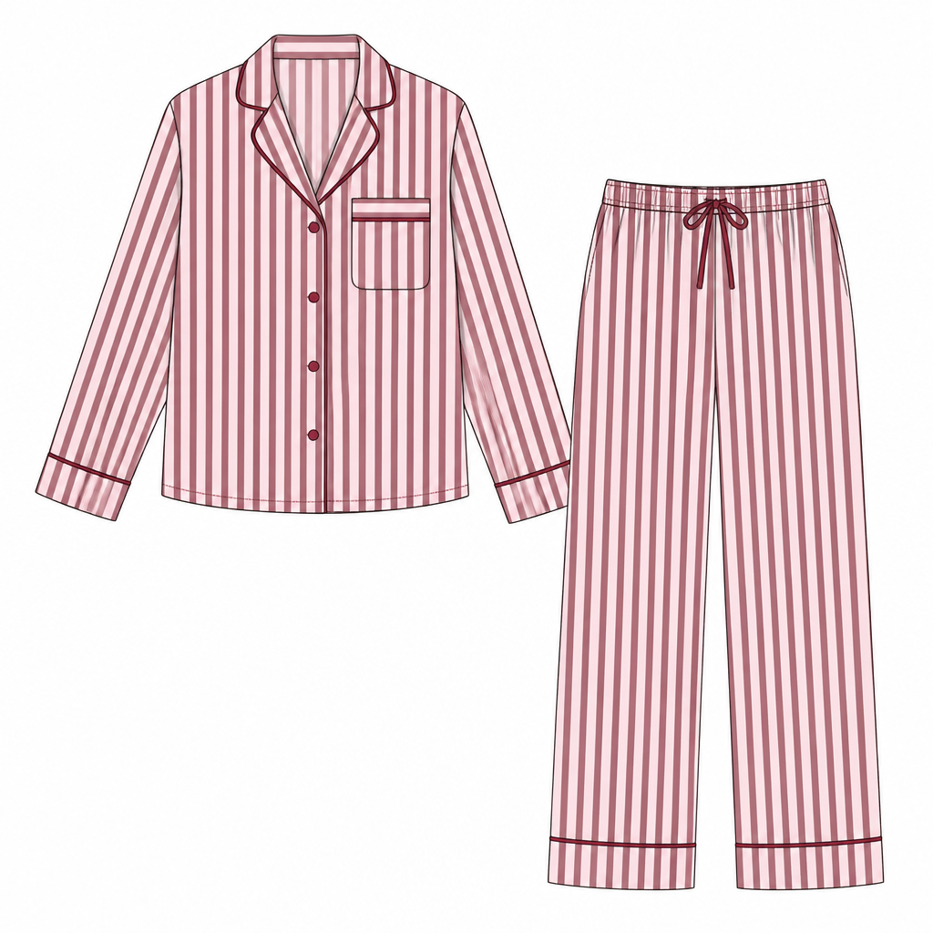 A clean technical flat garment sketch of a women's pajama set, vertical striped pattern in baby pink and deep wine burgundy, matching deep wine burgundy piping trim on collar, placket, chest pocket, sleeve cuffs, and trouser hems. Small cursive "colette" logo embroidered in deep wine burgundy on the top of the chest pocket. Plain white background.
photorealistic fashion design, A clean technical flat garment sketch of a women's pajama set, vertical striped pattern in baby pink and deep wine burgundy, matching deep wine burgundy piping trim on collar, placket, chest pocket, sleeve cuffs, and trouser hems. Small cursive "colette" logo embroidered in deep wine burgundy on the top of the chest pocket. Plain white background., just the design no text