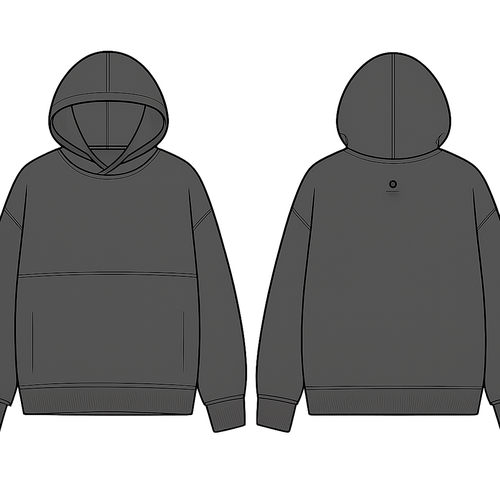 Unisex oversized hoodie with a boxy silhouette and drop shoulders. Clean minimal design with no graphics on the front. Color: charcoal black. The hoodie has a structured outer layer and a soft inner layer visible slightly at the sleeve cuff and at the bottom hem. Ribbing on cuffs and hem is tonal and subtle. Slight overlength sleeves. Back side has a small minimal symbol printed top-center between the shoulders. Stitch lines are clean and precise. Make it technical fashion sketch style, simple linework, no background, no model face details.