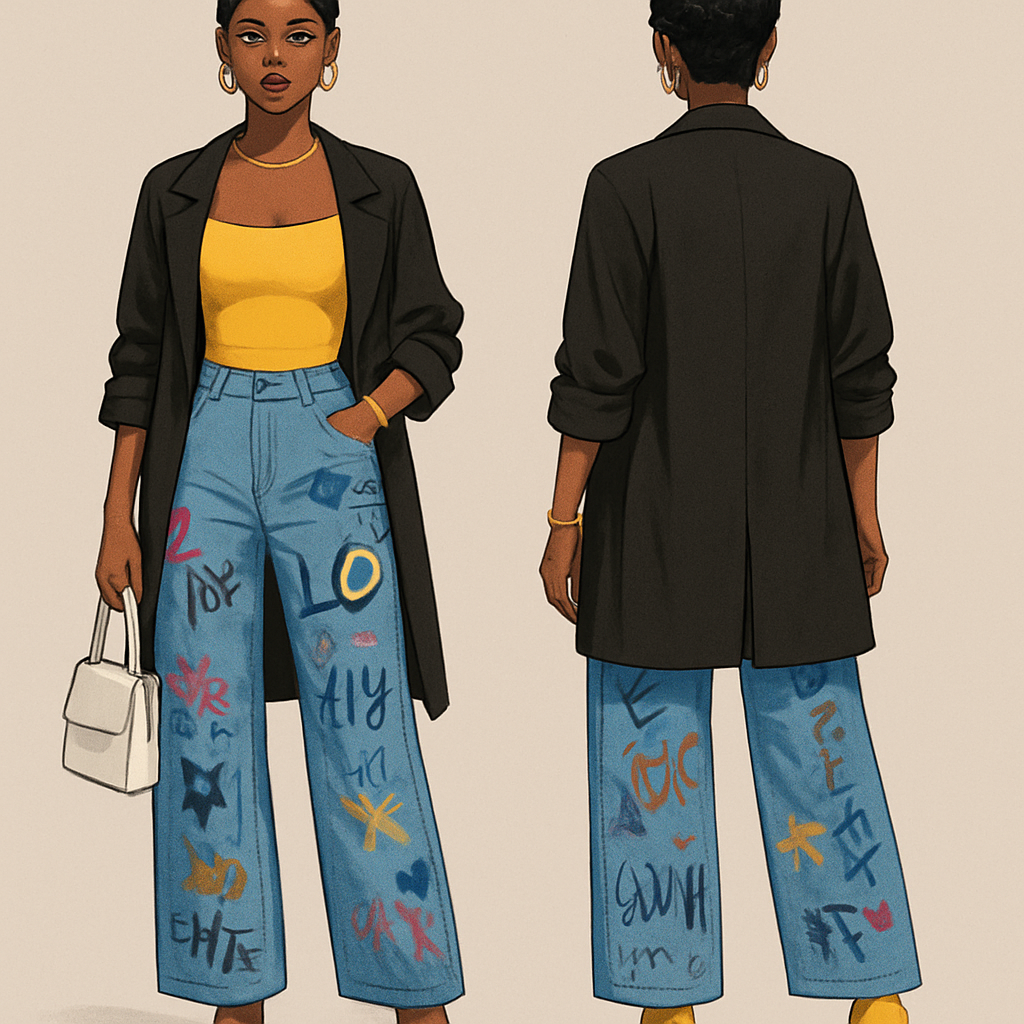 Black woman
Finger waves
Yellow spaghetti strap shirt
Black trench coat sleeves rolled up
Big jeans with graffiti
White purse
Yellow heels
Gold jewelry
Black woman
Finger waves
Yellow spaghetti strap shirt
Black trench coat sleeves rolled up
Big jeans with graffiti
White purse
Yellow heels
Gold jewelry
, show front and back