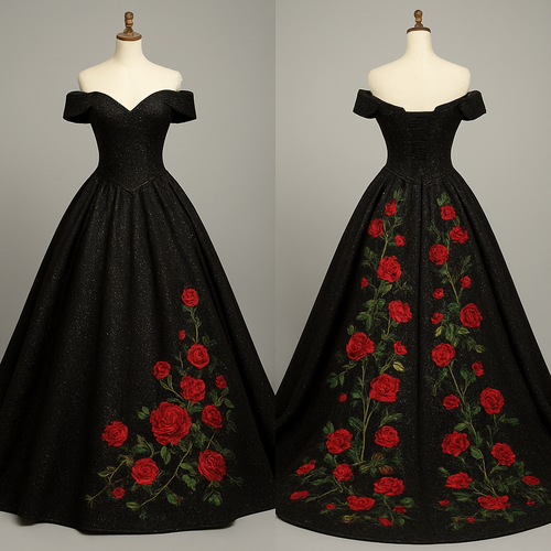 Glittery wedding dress,black color, off the shoulder sleeves. With red roses and green vines embroidered cascading down the back of the dress flowing along the train. Corset top and lace up back.