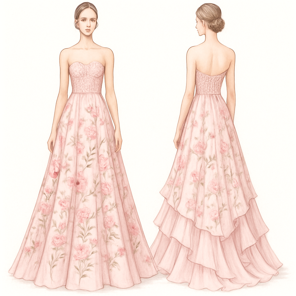 Long light pink dress with a floral design and a Lacey top and ruffles on the skirt and strapless
Long light pink dress with a floral design and a Lacey top and ruffles on the skirt and strapless, show front and back