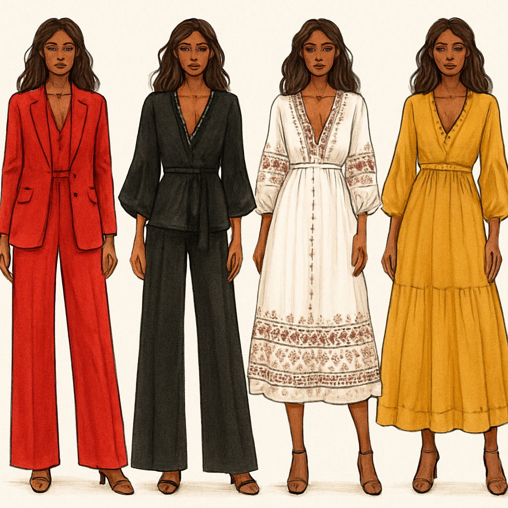 , Collection, brown female, suits, slacks, blazers tops, dresses. in Following colors red, black,white ,yellow.
, Collection, brown female, suits, slacks, blazers tops, dresses. in Following colors red, black,white ,yellow. , bohemian style