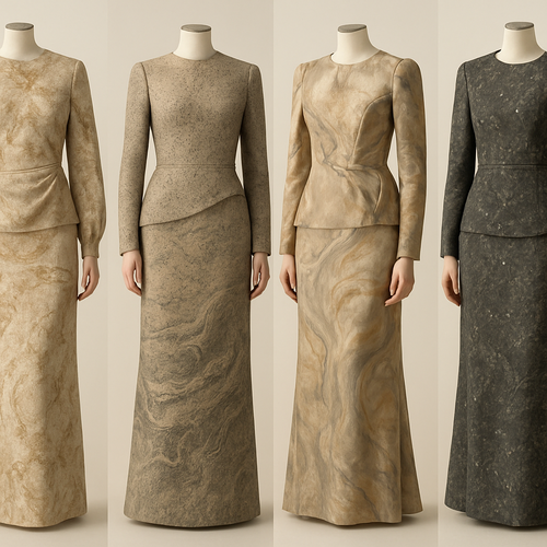 Create a modest two piece dress, first of its kind, featuring a unique stone design that exudes a classy and sophisticated vibe. I'd like four designs, each showcasing different styles and fabrics. Incorporate high-end, unique chic stone designs to make them truly special. Add little sophisticated stone designs. Make it irresistible with designs that stands out.