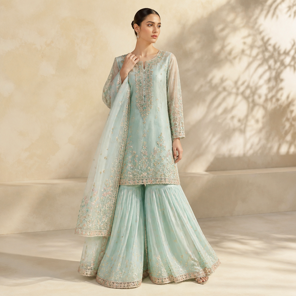 A Female Dress design, suitable for Summer. Consider Pakistani fashion — shalwar kameez, gharara, sharara; lawn fabrics, chiffon; intricate embroidery and mirror work. Current season is Summer in Pakistan.
photorealistic fashion design, A Female Dress design, suitable for Summer. Consider Pakistani fashion — shalwar kameez, gharara, sharara; lawn fabrics, chiffon; intricate embroidery and mirror work. Current season is Summer in Pakistan., just the design no text