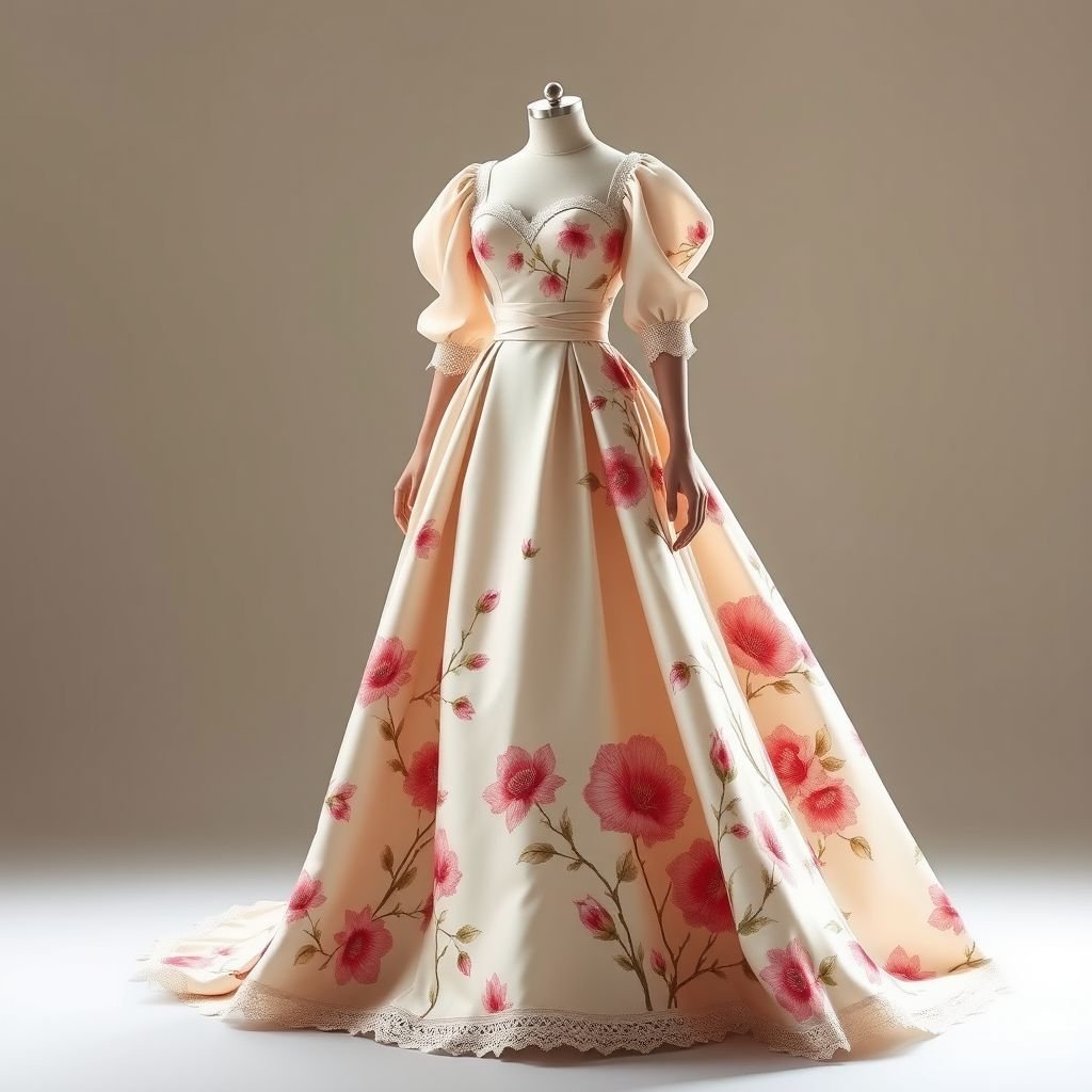 A flowering outfits design
Design a classic floral gown featuring a fitted bodice and a sweeping skirt adorned with intricate hand-painted blossoms. The fabric should be luxurious silk in soft pastels, complemented by delicate lace trimmings. Incorporate elegant puff sleeves and a cinched waist to evoke timeless sophistication, ensuring an enchanting silhouette for every occasion.
