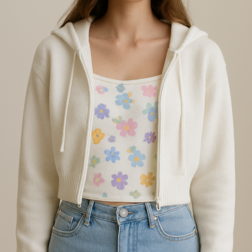 Make me a realistic design, a small white top that has a cute preppy design with pastel colors, and flower designs too also a white sweater with a hood leave the sweater, but a white top underneath it is perfect
