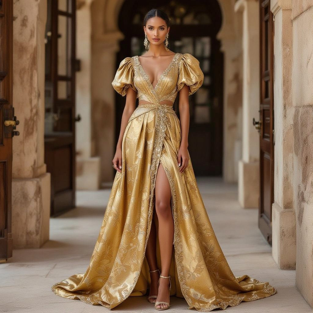 African princess
African princess, regal in a flowing, gold raw silk gown. The empire waist, intricately beaded, drapes to the floor, hinting at a hidden slit. Short, puffed sleeves add a touch of playful sophistication.