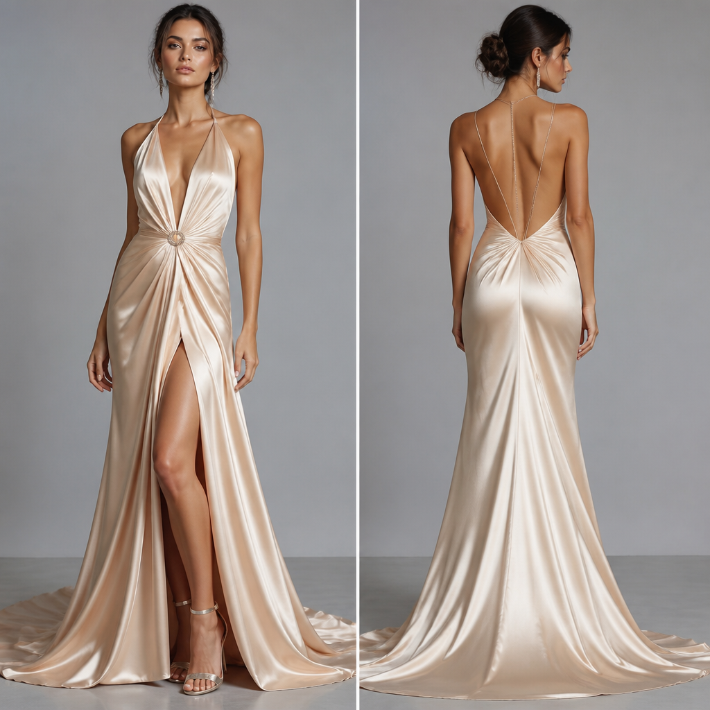A Female Dress design, made of Satin, for Formal, suitable for Summer, in Glamorous style. VE fashion aesthetics.
photorealistic fashion design, A Female Dress design, made of Satin, for Formal, suitable for Summer, in Glamorous style. VE fashion aesthetics., glamorous style, just the design no text, show front and back