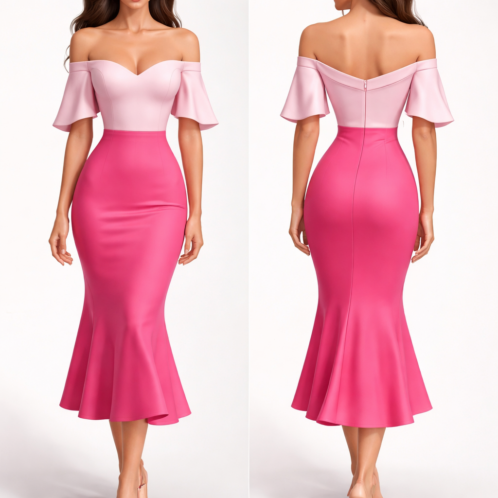 A sophisticated yet versatile off-shoulder dress designed for an hourglass body shape. The top part of the dress is baby pink, featuring an off-shoulder neckline with slightly dramatic, soft-flowing sleeves that add elegance without being overly exaggerated. The bust area is structured and lightly padded for support, creating a smooth and flattering silhouette.
The dress is tightly fitted from the bust down to the waist, with a strongly cinched, snatched waist that enhances an hourglass figure. The back is well-fitted and sculpted to define the waist and highlight the hips.
From the underbust downward, the color transitions into a rich hot pink. The dress remains fitted through the hips to emphasize curves, then gently flares out from the hip area into a soft gathered skirt.
The length is three-quarter (mid-calf), creating a balanced and classy look. The fabric is matte, structured, and breathable (such as crepe, cotton blend, or ponte), giving a polished finish that works for both elegant events and daytime brunch settings.
The overall style is refined, feminine, and modern, suitable for both daytime and semi-formal occasions, styled in a clean, high-detail fashion design.
A sophisticated yet versatile off-shoulder dress designed for an hourglass body shape. The top part of the dress is baby pink, featuring an off-shoulder neckline with slightly dramatic, soft-flowing sleeves that add elegance without being overly exaggerated. The bust area is structured and lightly padded for support, creating a smooth and flattering silhouette.
The dress is tightly fitted from the bust down to the waist, with a strongly cinched, snatched waist that enhances an hourglass figure. The back is well-fitted and sculpted to define the waist and highlight the hips.
From the underbust downward, the color transitions into a rich hot pink. The dress remains fitted through the hips to emphasize curves, then gently flares out from the hip area into a soft gathered skirt.
The length is three-quarter (mid-calf), creating a balanced and classy look. The fabric is matte, structured, and breathable (such as crepe, cotton blend, or ponte), giving a polished finish that works for both elegant events and daytime brunch settings.
The overall style is refined, feminine, and modern, suitable for both daytime and semi-formal occasions, styled in a clean, high-detail fashion design., show front and back
