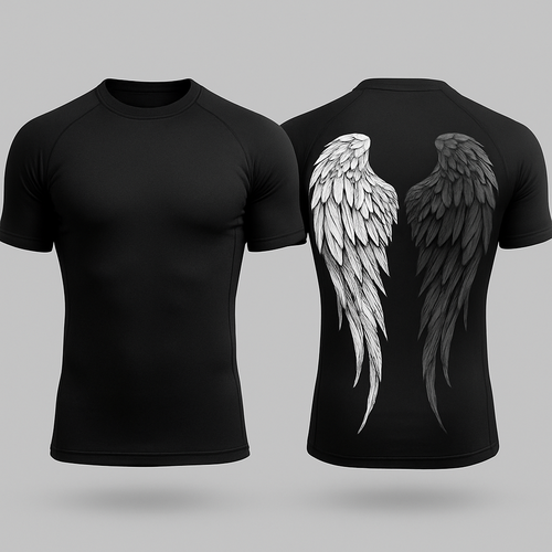 Black base short sleeve compression jujitsu rash guard shirt. 2 angle wings on the back, one white and the other dark gray. Make the wings kinda form a shape of a heart without making it too obnoxious so the wings look natural still 

Little less of a heart shape and make the wings come down almost to the bottom of the shirt 

 Make the wings bigger 