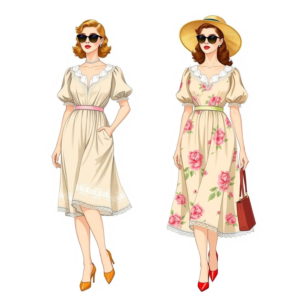For summer
Design a vintage-inspired summer fashion ensemble featuring a flowing, pastel-colored tea dress with delicate lace trim and puffed sleeves. Incorporate retro floral prints and a cinched waist to highlight femininity. Accessorize with oversized sunglasses, a wide-brimmed straw hat, and classic kitten heels for that quintessential 1950s sun-kissed charm.