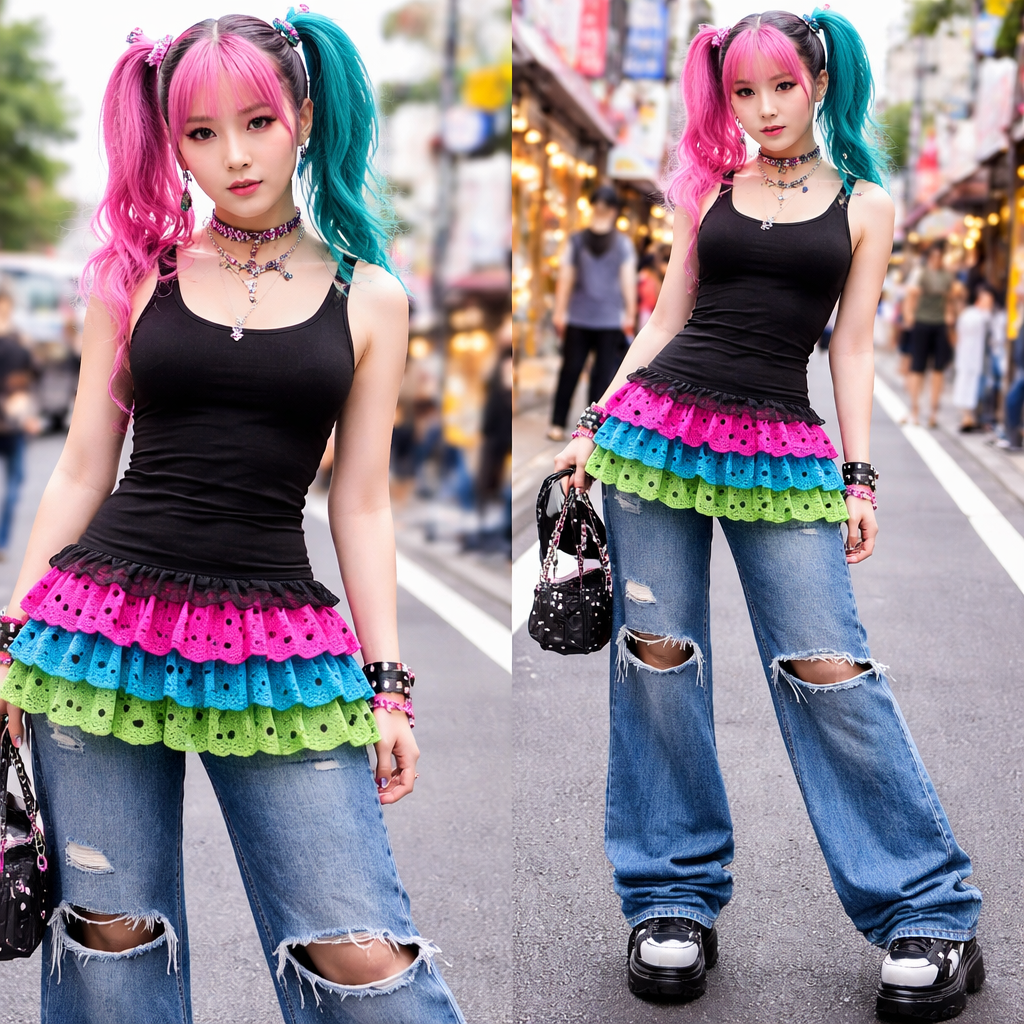 form fitting pretty black tank top with ruffle lace layers at the bottom. one layer is hot pink with black polka dots. one layer is aqua with black polka dots. one layer is bright green with black polka dots.
Japanese Street fashion design: Form-fitting black cotton tank top with layered ruffle lace trim at the hem. Layers feature hot pink, aqua, and bright green lace, each with small black polka dots. Paired with wide-leg distressed denim jeans and platform sneakers for an electric Harajuku vibe.