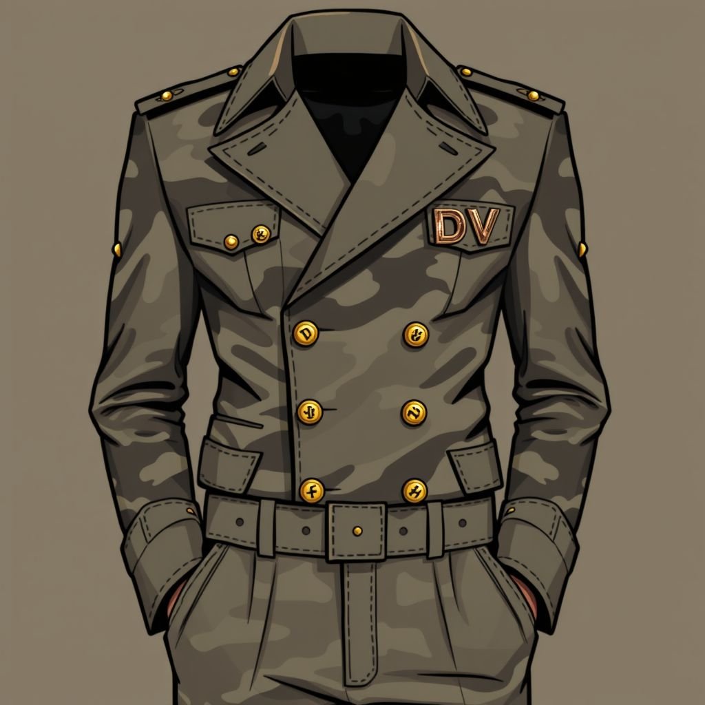 Make me a male military outfit. Jacket and pants. Put my brand name DV on it. Make it original
Design a bold male military outfit featuring a tailored double-breasted jacket with structured epaulets and brass buttons, complemented by high-waisted tapered trousers. Incorporate camo patterns merged with sleek urban aesthetics. Embellish the ensemble with your brand name, "DV," embossed in metallic thread on the jacket, epitomizing modern military chic.