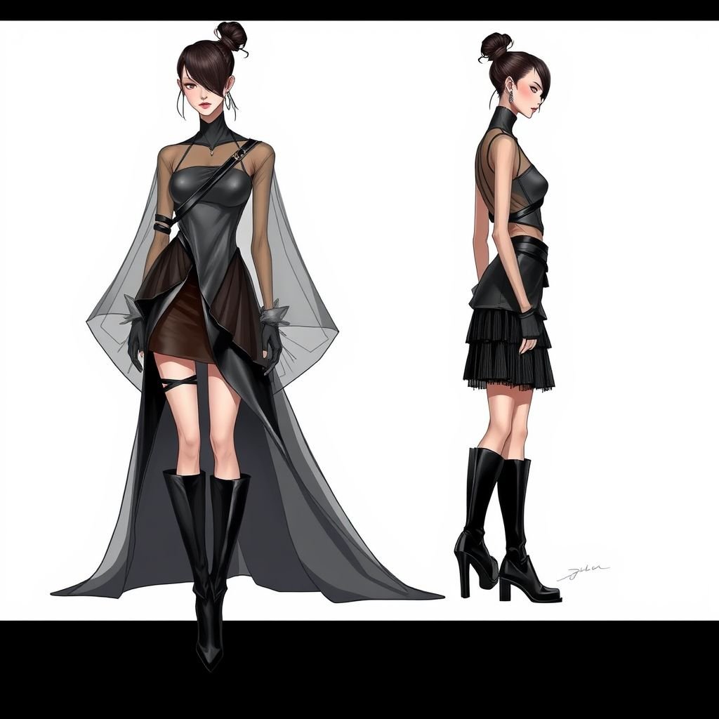 Wet look sheer, with a short skirt, asymmetrical top, knee high boots and a flare
Design an avant-garde ensemble featuring a sculptural, wet-look sheer fabric that cascades into an asymmetrical top, revealing intriguing layers beneath. The bold short skirt showcases unexpected textures, paired with striking knee-high boots featuring unconventional silhouettes. Add dramatic flares to the ensemble, evoking a sense of dynamic movement and fearless expression.