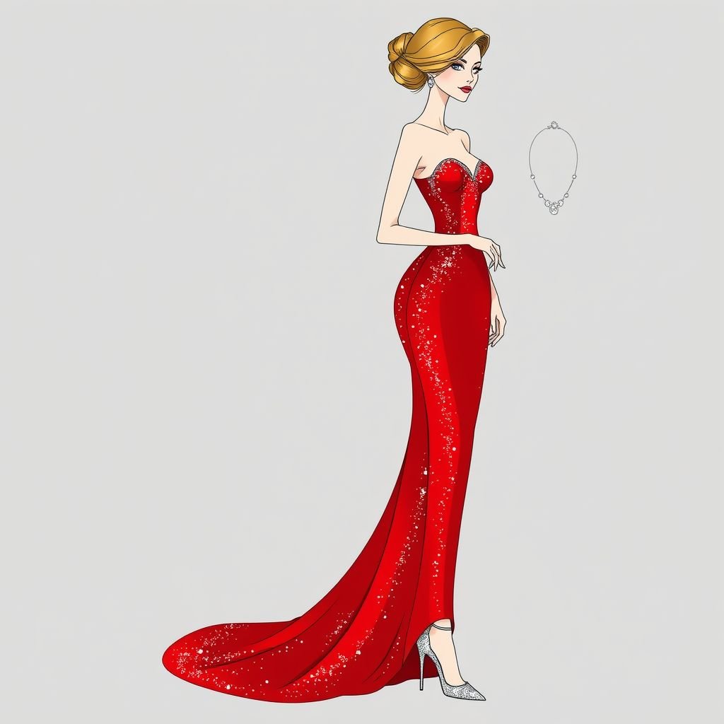 Now make a designer outfit and now i will explain it that there will be a white and tall girl adn it is for night party so she will be wearing red glitter gown with hourglass shape and aldo add some silver accessories and red gown’s glitter will be in silver and also there will be a silver bracelet in her hand which very delicate and rich also add silver chain in her neck also silver glitter heels for her legs and show her from head to toes
Design an elegant evening gown for a tall, slender woman attending a night party. The gown, a stunning red, features a figure-hugging hourglass silhouette adorned with shimmering silver glitter. Complete the look with delicate silver accessories: a fine bracelet, a sparkling necklace, and elegant silver glitter heels, showcasing sophistication from head to toe.