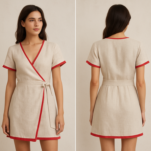 Overlapping short linen dress with red trim around arms, color and hem