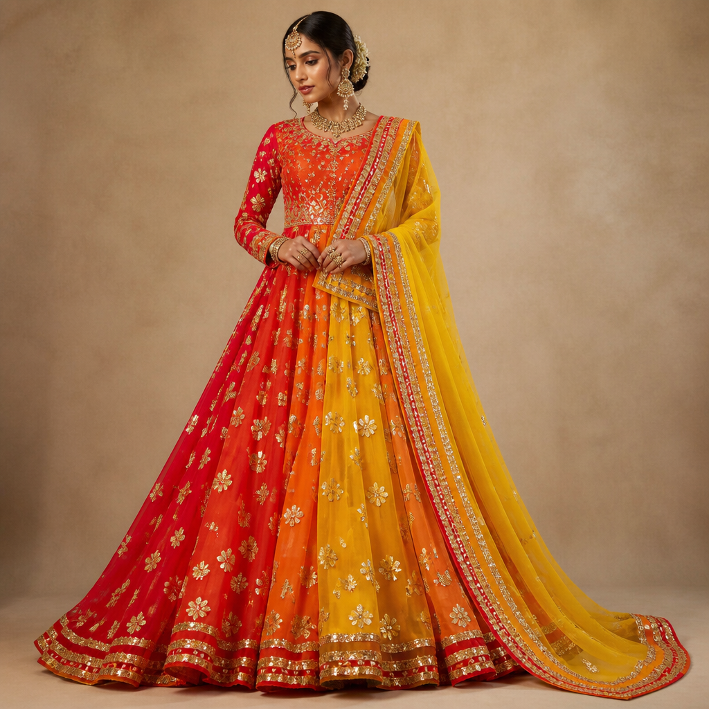 A Female Dress design, made of Chiffon, for Wedding, in Indian + Luxury + Haute Couture style. Red haldi yellow and haldi orange chiffon georgette bridal lehenga with heavy flare and all over gotta flower patches and haldi yellow Dupatta with red and haldi orange gota border. Design with modest coverage.
photorealistic fashion design, A Female Dress design, made of Chiffon, for Wedding, in Indian + Luxury + Haute Couture style. Red haldi yellow and haldi orange chiffon georgette bridal lehenga with heavy flare and all over gotta flower patches and haldi yellow Dupatta with red and haldi orange gota border. Design with modest coverage., indian style, just the design no text