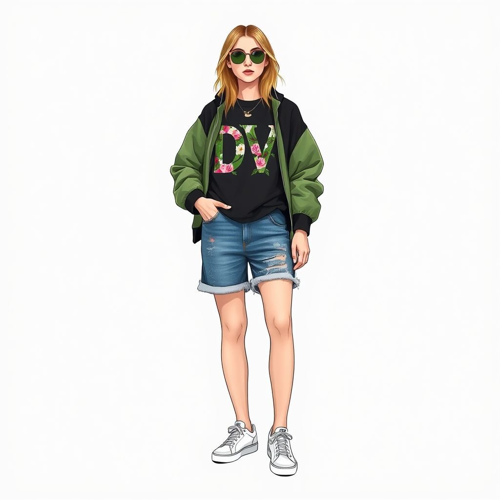perfume with the name “Da’Vine” on it. With DV on it.
Design a casual streetwear outfit inspired by the perfume “Da’Vine.” Create an oversized graphic tee featuring the initials “DV” in a botanical print, paired with relaxed-fit denim shorts adorned with subtle floral patches. Complete the look with softly distressed sneakers and a lightweight bomber jacket, perfect for laid-back summer days.