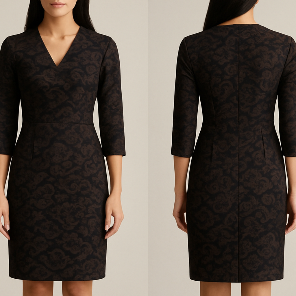 please design a v neck dress with 7/8 sleeve with megamendung batik pattern in dark colour that makes me look slim
please design a v neck dress with 7/8 sleeve with megamendung batik pattern in dark colour that makes me look slim , formal style, show front and back