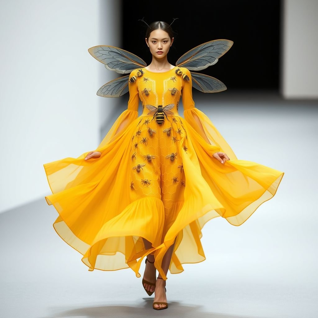 A honey bee & honey comb themed spring day dress.
Design a stunning runway-ready spring day dress inspired by honey bees and honeycomb. Incorporate intricate bee embroidery on a flowing, mustard yellow gown with structured, hexagonal patterns resembling honeycomb. The skirt should billow like a beehive, complemented by delicate, translucent wings on the shoulders for a whimsical, avant-garde finish.
