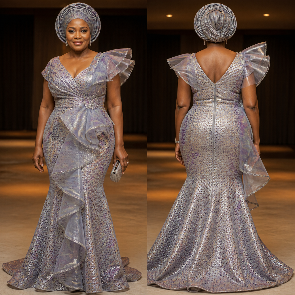 PROMPT
A photorealistic dinner dress for a 50 year old woman to attend a birthday party made from colorful beautiful silver gray aso oke with small holes on it and a touch of colorful organza fabric with beautiful trims that will look gorgeous and fabulous.
photorealistic fashion design, PROMPT
A photorealistic dinner dress for a 50 year old woman to attend a birthday party made from colorful beautiful silver gray aso oke with small holes on it and a touch of colorful organza fabric with beautiful trims that will look gorgeous and fabulous.
, runway style, just the design no text, show front and back