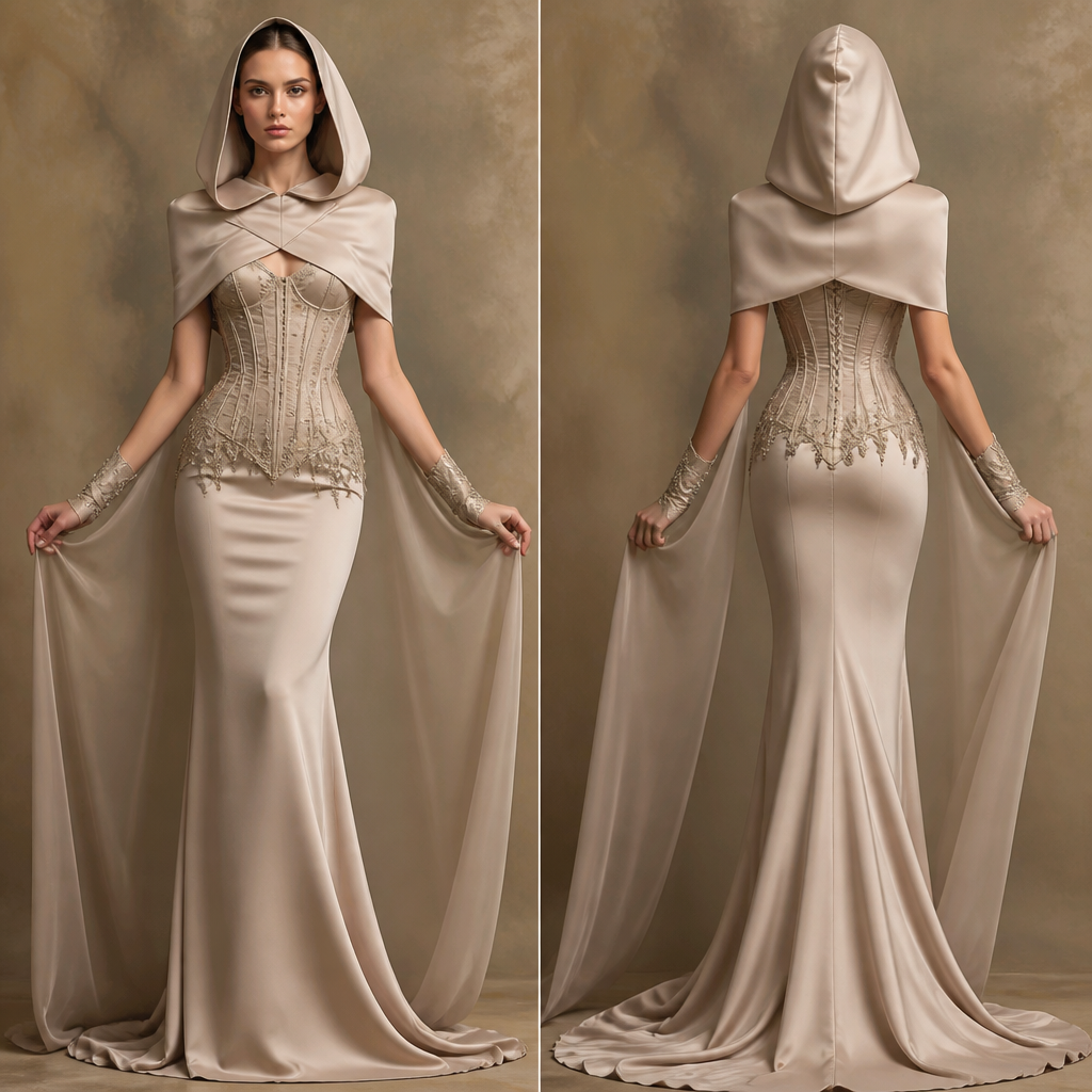 A Female Dress design, made of Silk, with a sleek, smooth finish, with a Fitted silhouette, in a Neutrals color palette, for Festival, suitable for Fall, suited to a Temperate climate, in Glamorous style, shown on a model with fair skin and a slim figure. un vestito con piega superiore che copre il seno collegato a un cappuccio. come gonna ha una gonna aderente e il torso è adornato da un corsetto elegante, inoltre, attaccate al corsetto ci sono due strisce di tessuto che sono come "ali" che si collegano ai polsi.. Italy fashion aesthetics. Present it as professional fashion catalogue photography: the garment is the subject, shown full-length with editorial styling, neutral posing and tasteful, non-suggestive framing.
photorealistic fashion design, A Female Dress design, made of Silk, with a sleek, smooth finish, with a Fitted silhouette, in a Neutrals color palette, for Festival, suitable for Fall, suited to a Temperate climate, in Glamorous style, shown on a model with fair skin and a slim figure. un vestito con piega superiore che copre il seno collegato a un cappuccio. come gonna ha una gonna aderente e il torso è adornato da un corsetto elegante, inoltre, attaccate al corsetto ci sono due strisce di tessuto che sono come "ali" che si collegano ai polsi.. Italy fashion aesthetics. Present it as professional fashion catalogue photography: the garment is the subject, shown full-length with editorial styling, neutral posing and tasteful, non-suggestive framing., glamorous style, just the design no text, show front and back
