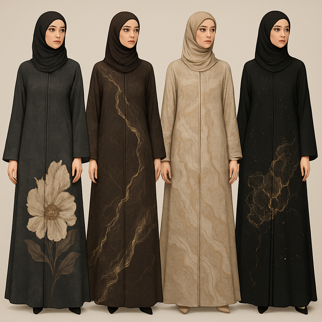 Create a modest abaya that's the first of its kind, featuring a unique stone design that exudes a classy and sophisticated vibe. I'd like four designs, each showcasing different styles and fabrics.Incorporate high-end, unique chic stone designs to make them truly special. And add little cute touch of sophisticated stone designs. Add huge flower and unique designs.

Create a modest abaya that's the first of its kind, featuring a unique stone design that exudes a classy and sophisticated vibe. I'd like four designs, each showcasing different styles and fabrics.Incorporate high-end, unique chic stone designs to make them truly special. And add little cute touch of sophisticated stone designs. Add huge flower and unique designs.