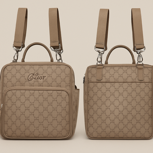I want a diaper bag Dior style in taupe colour I want to be able to hang it on the child stroller and the brand name is Elior i want the brand name be written more beautiful en de bag to have a patron like Gucci 